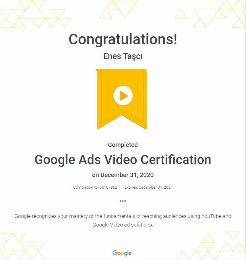 Enes Taşcı Google Ads Video Certification