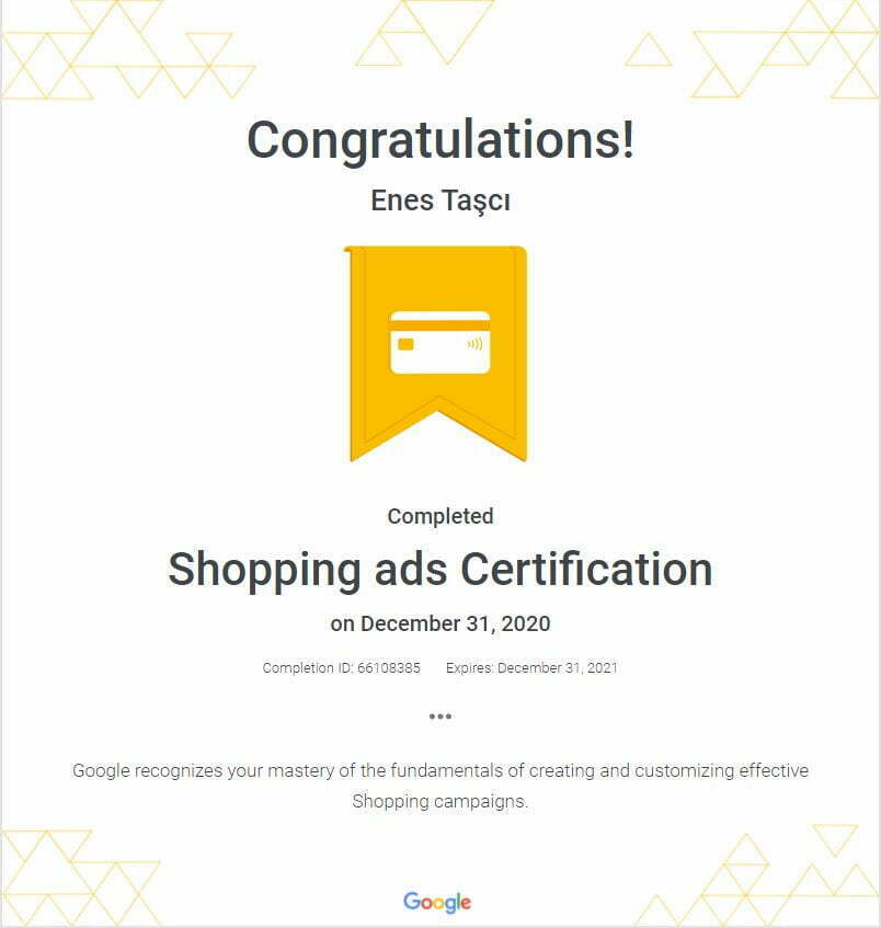 Enes Taşcı Shopping Ads Certification