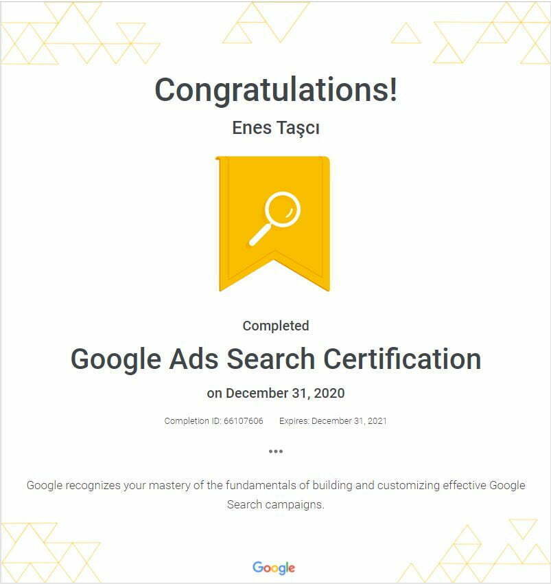 Enes Taşcı Google Ads Search Certification